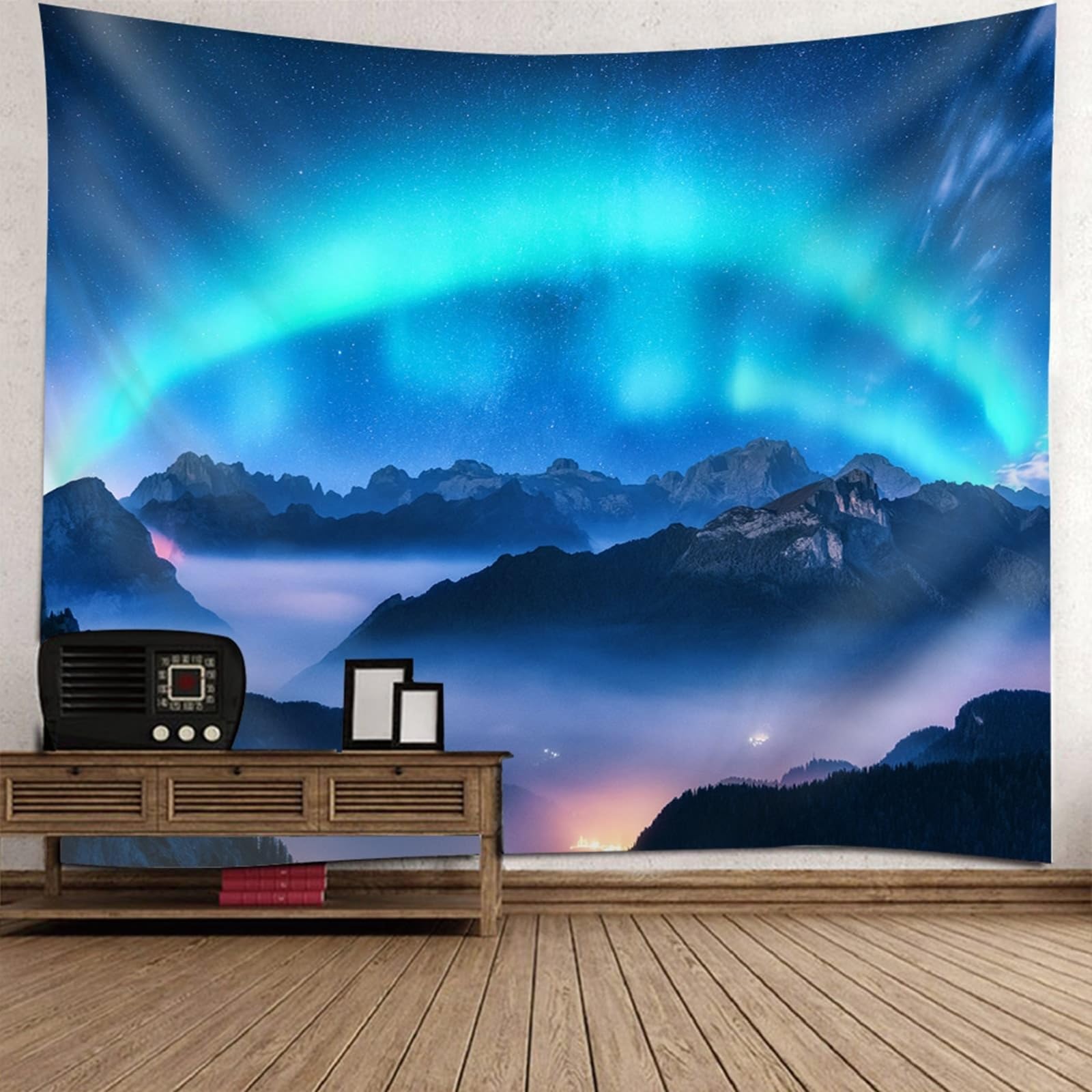 KnSam 200x200cm Tapisserie Wandbehang, Natur Landschaft Wandteppich Berg Aurora Tapisserie Polyester Tapestry für Wohnzimmer Wohnheim Wanddeko, Blau Cyan