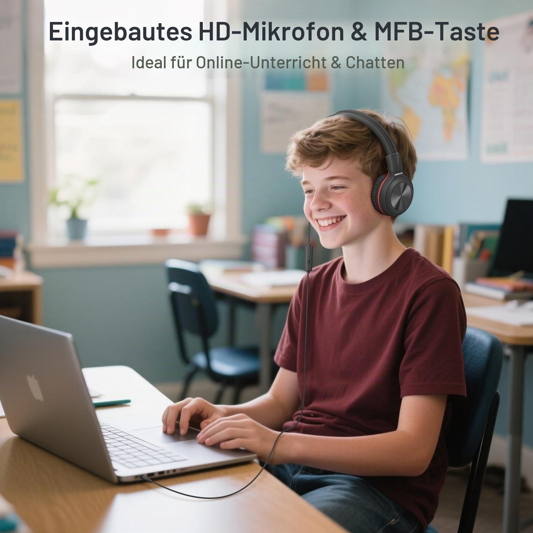 SIMOLIO Kopfhörer mit Kabel, Over Ear Kopfhörer mit MIC, Wired Headphones for Schule, Computer, Tablet, mit Music Sharing Anchluss