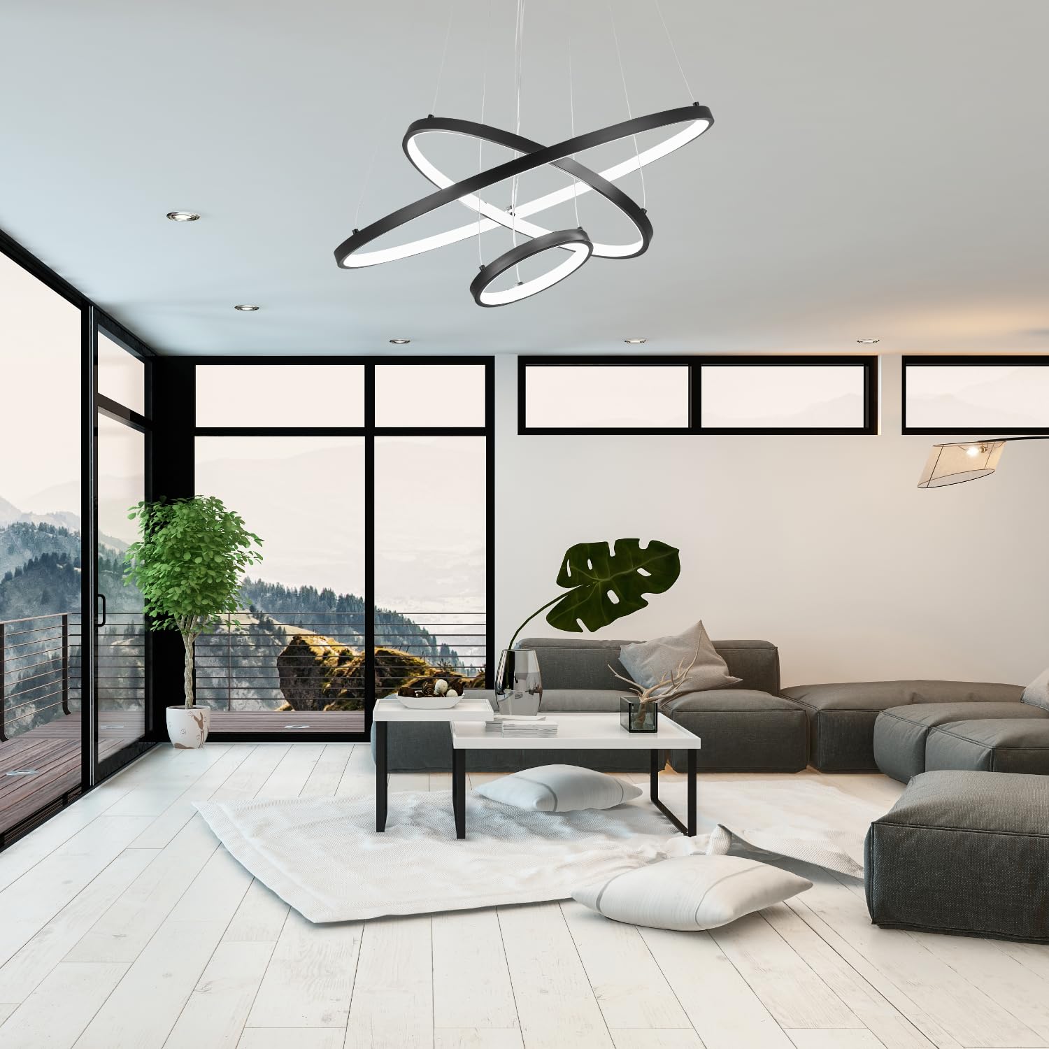 Gigecor Large Chandeliers for High Ceilings, 3 Ring Modern LED Chandelier Living Room Foyer, Black Chandelier Light 79 Inch Adjustable Hanging Modern Chandeliers for Dining Room(6000K)