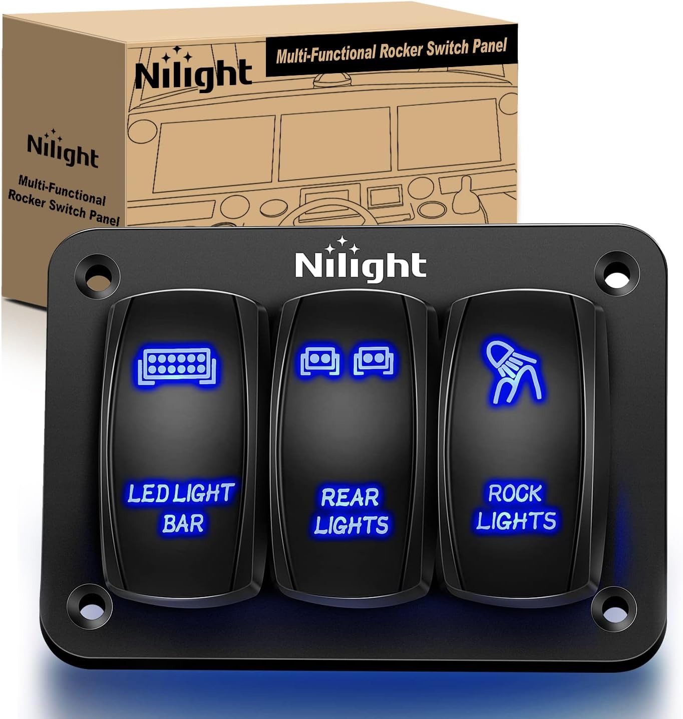 Nilight 3 Gang Aluminum Rocker Switch Panel 5 Pin ON/Off PreWired