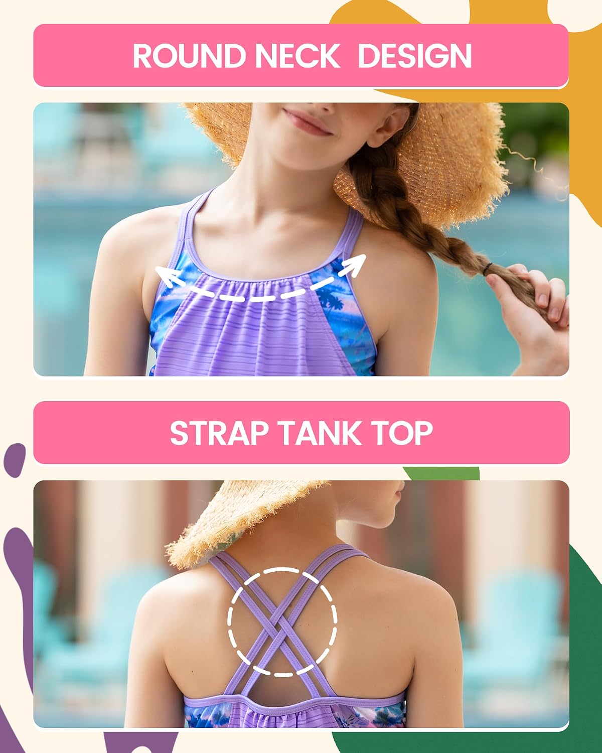 Angel season Girls Swimwear Teen Girl Tankini 2 Piece Swimsuit for Younth Bathing Suit Size 13-14 Two Piece Set Summer Beach Modest Swimsuit UPF 50+ Tween Swimming Suit Junior Tank Purple Hawaii