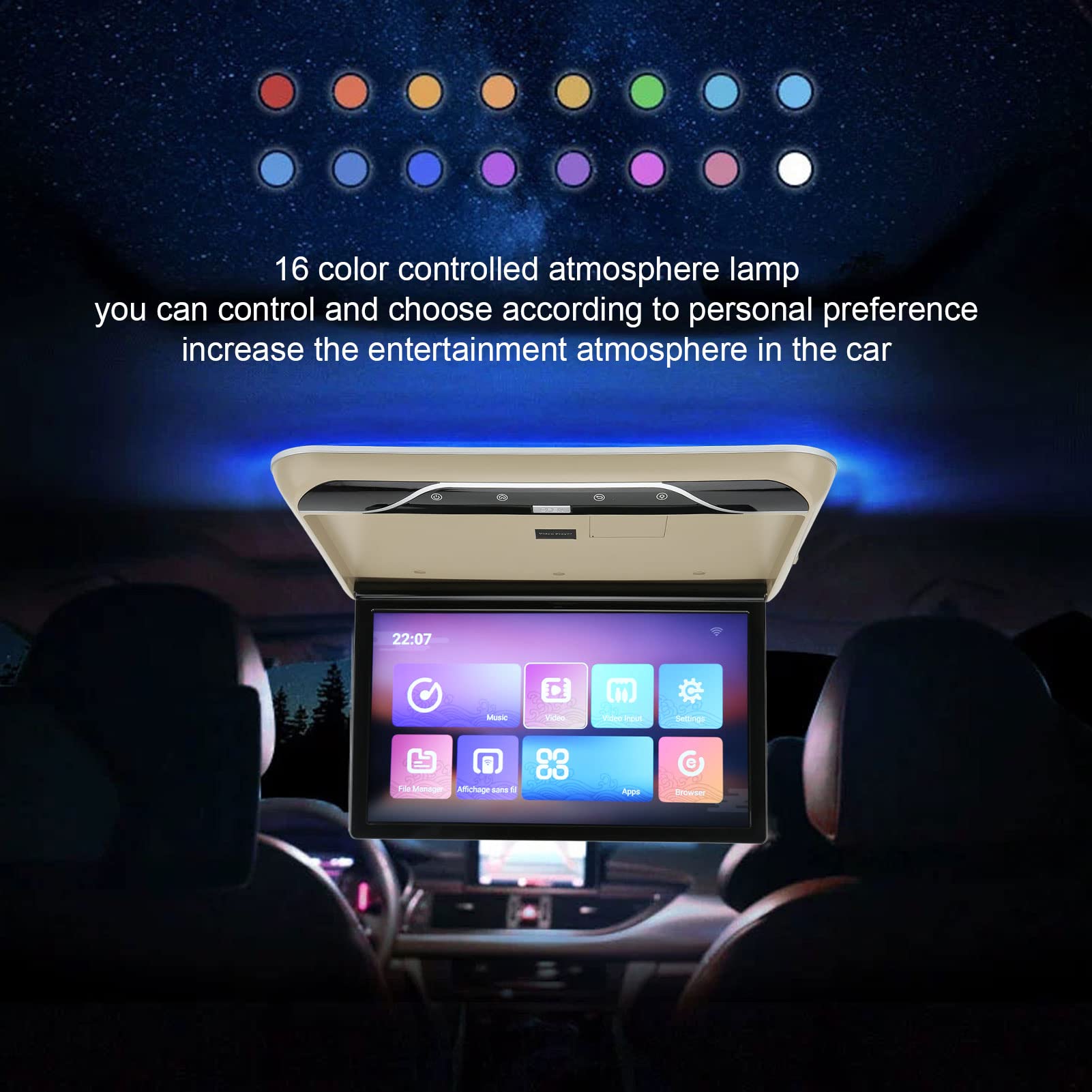 Reproductor Aéreo de Coche de 19 Pulgadas, Pantalla Táctil de Alta Definición, Monitor Abatible hacia Abajo para Montaje en Techo de Coche, Multifunción para Android 9,0