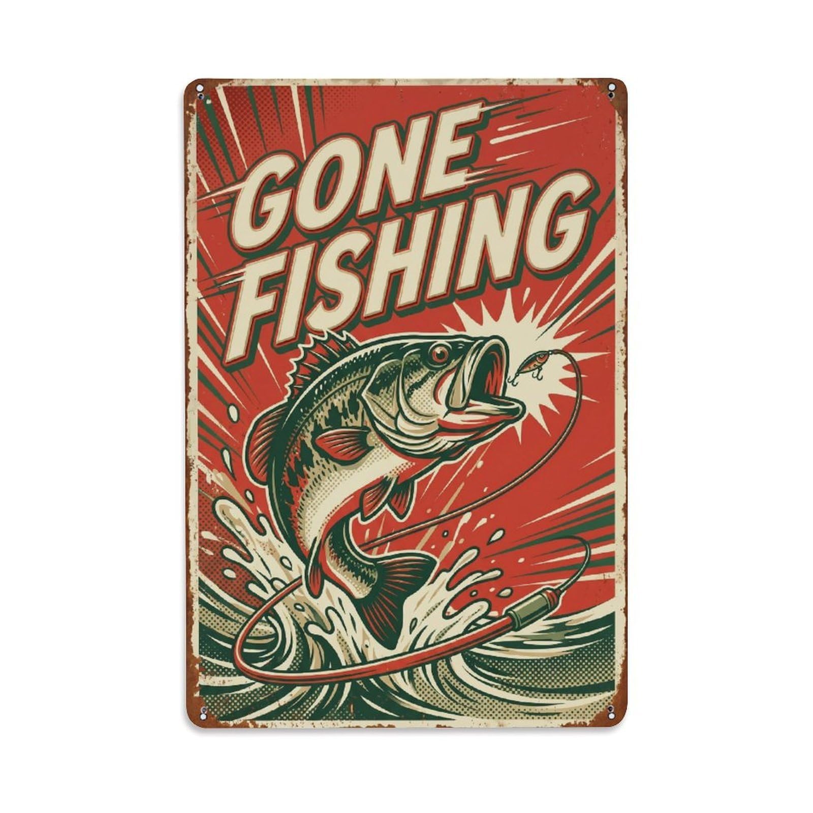 Gone Fishing Bass Catch Vintage Metal Tin Sign Plaque Wall Decor for Cafe, Club, Garden Metal Poster 8x12Inch