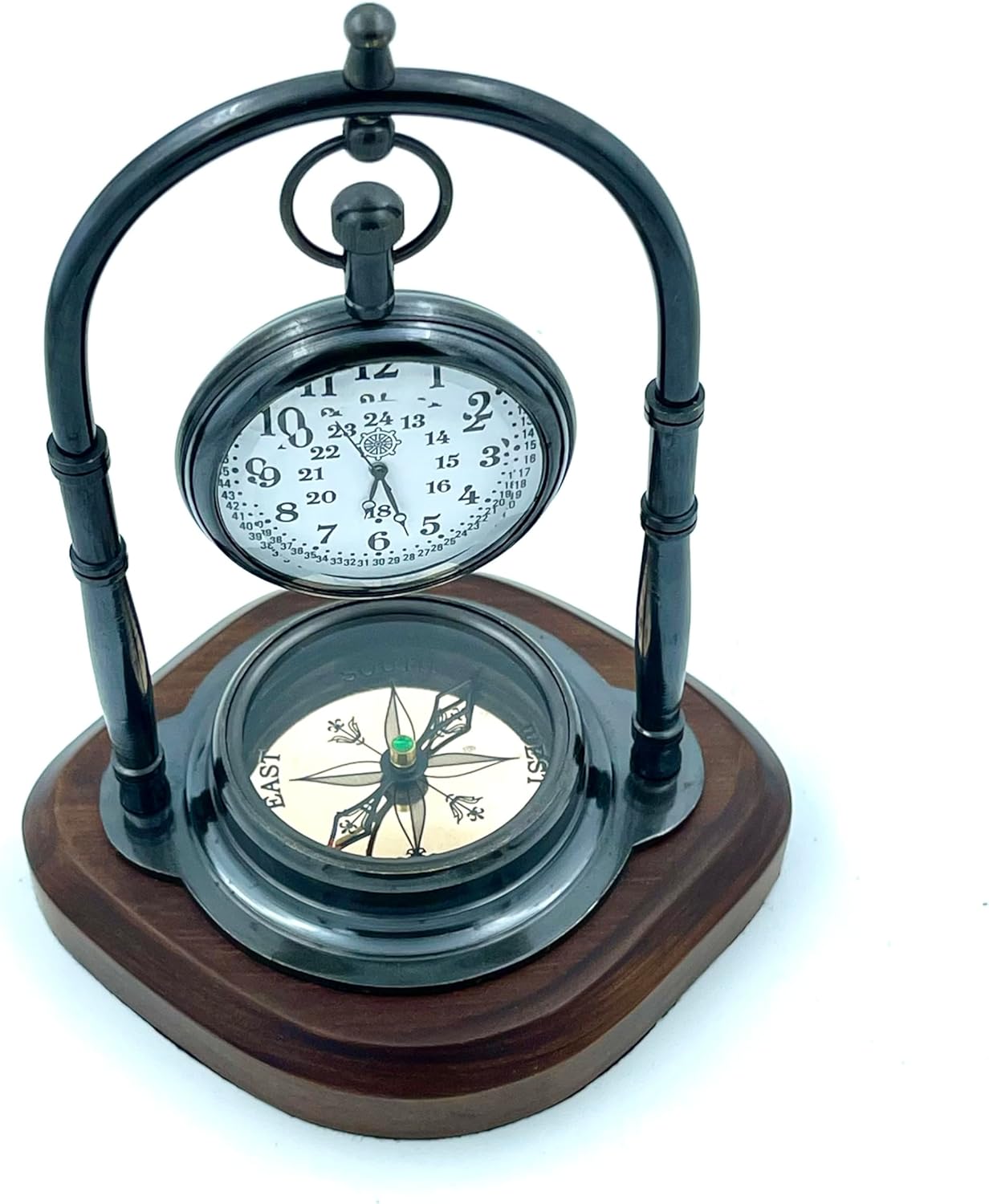 Royalmart Table Clock with Compass Personalized Engraved Compass Retirement Gift, Handwritten Working Compass with Clock, Retirement Gift (Black Finish)