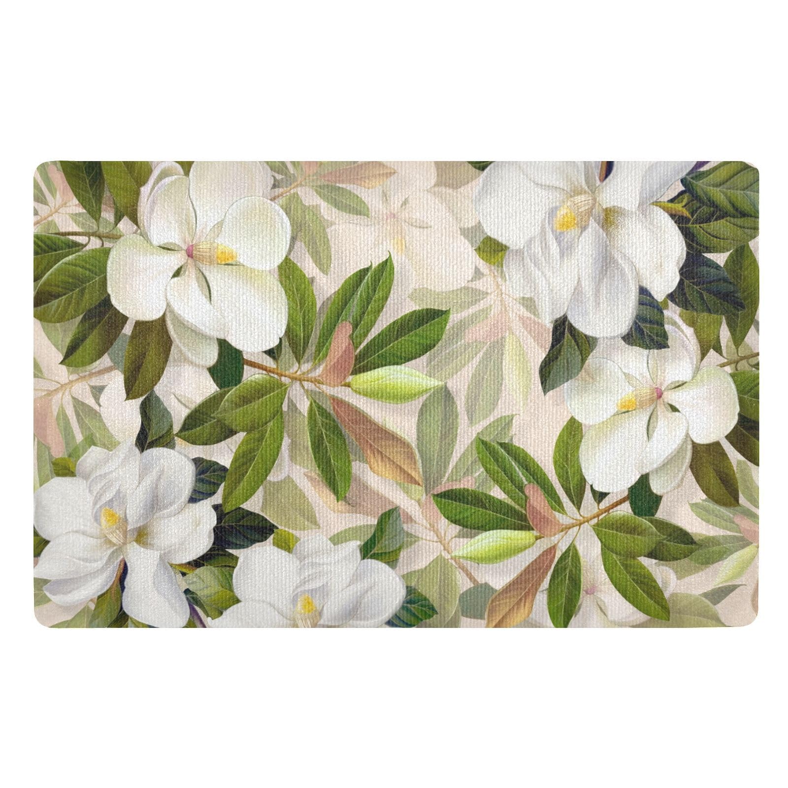 White Magnolia Flowers Door Mat, Non - Slip Washable Absorbent Resist Dirt Entrance Mat, Low - Profile Inside Floor Doormat for Front Back Door and