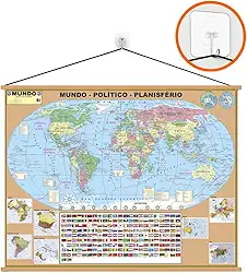 Mapa Mundi Banner + Gancho Autocolante - Moldura Laminado Grande- Atualizado- Pronto para pendurar