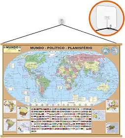 Mapa Mundi Banner + Gancho Autocolante - Moldura Laminado Grande- Atualizado- Pronto para pendurar
