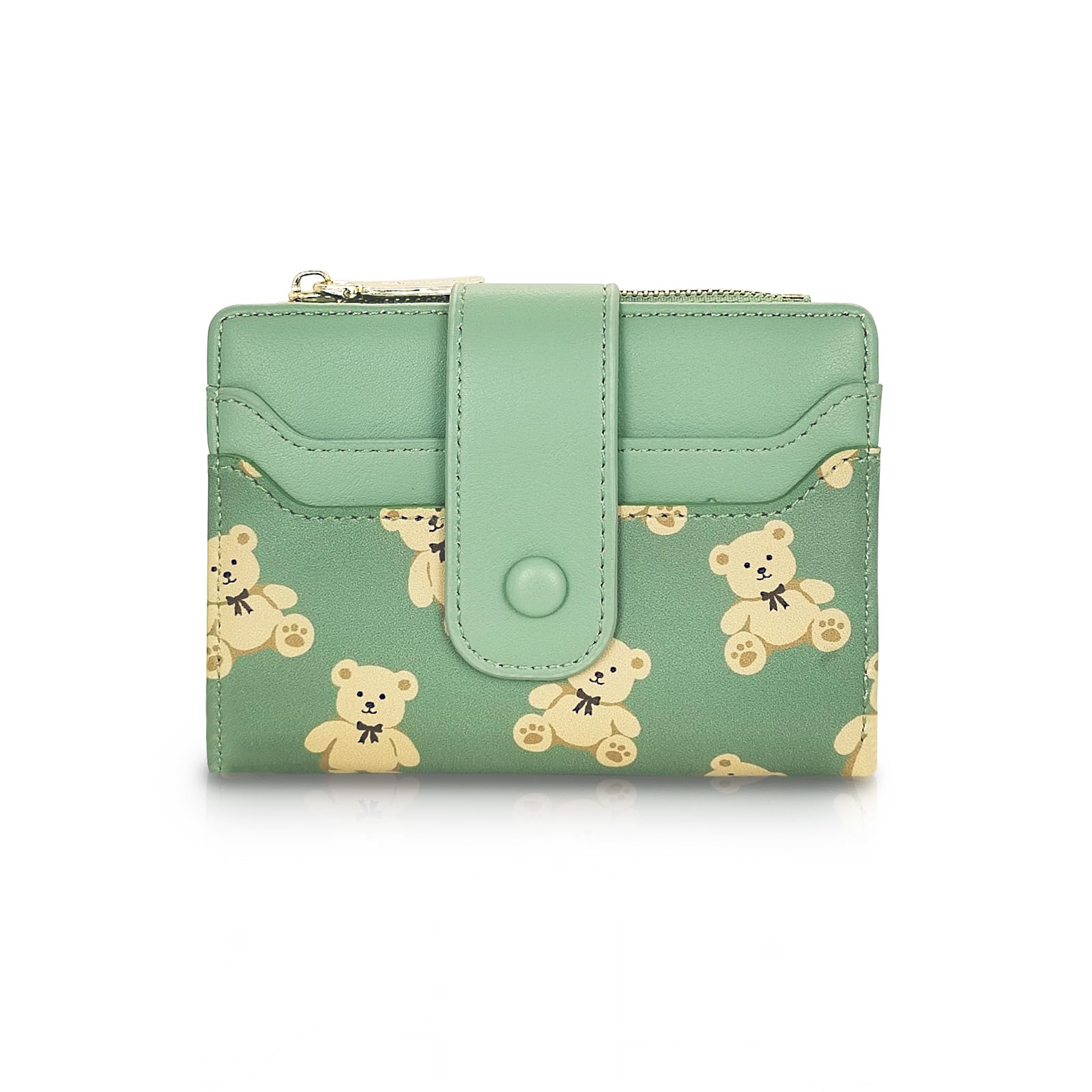 AfitLulu Cute Wallet for Women, Bear Print Zip Bifold Wallet with Front Card Slot, ID Window, Cash Slot, Short Women Wallet Elegant Youthful and Cute