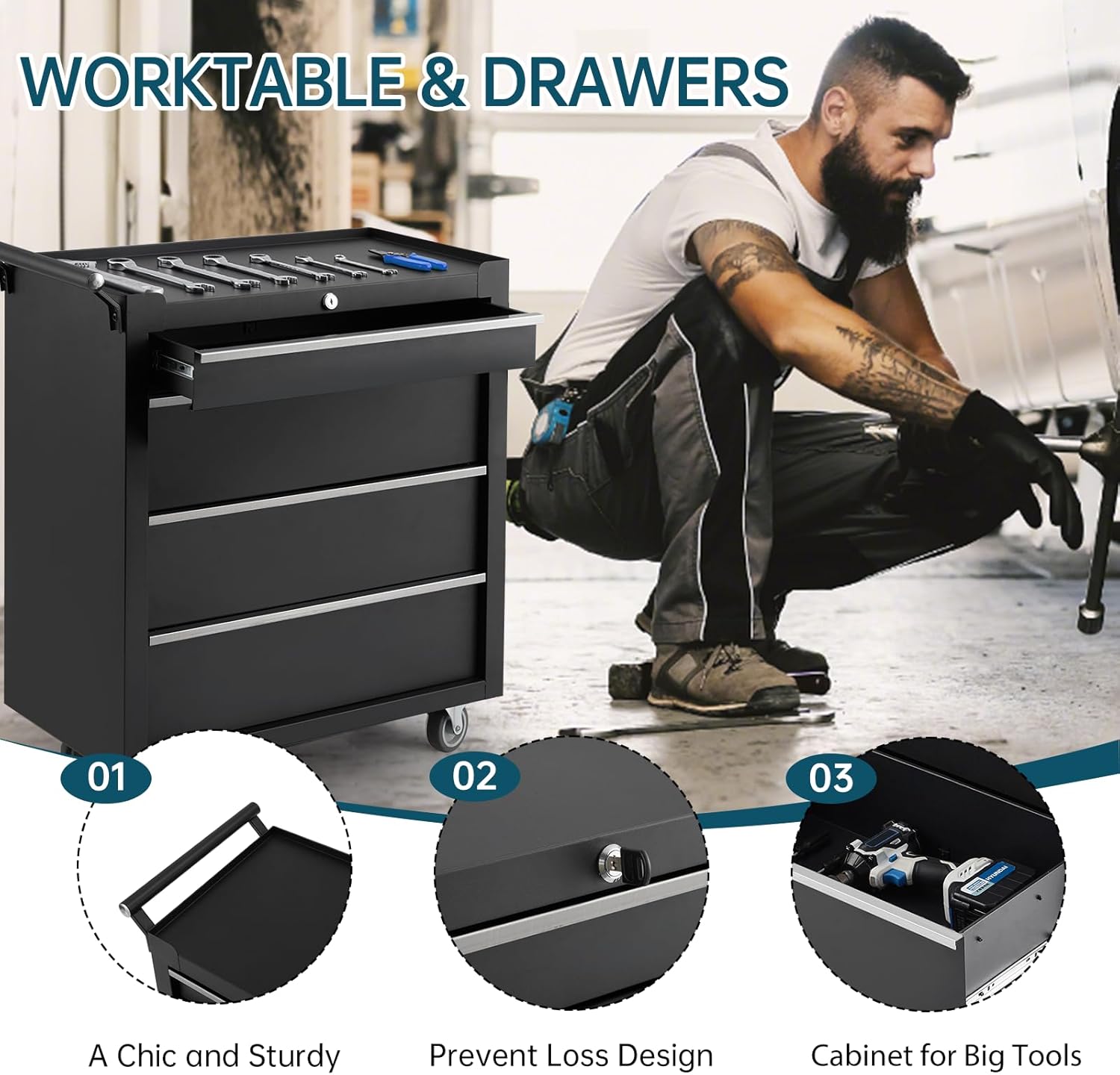 GarveeLife 4-Drawer Tool Box 24" Garage Tool Box with Key Lock and Removable Drawer Liners, Wheeled Design, Suitable for Garages, Warehouses, Workshops, and Repair Shops - Black