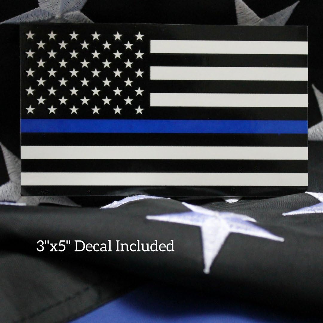 Thin Blue Line Flag 3x5 FT – Outdoor Heavy-Duty Nylon with Embroidered Stars & Sewn Stripes, Black White Blue American Police Flag with Brass Grommets – Honors Law Enforcement Officers, Includes 3x5 Inch Decal