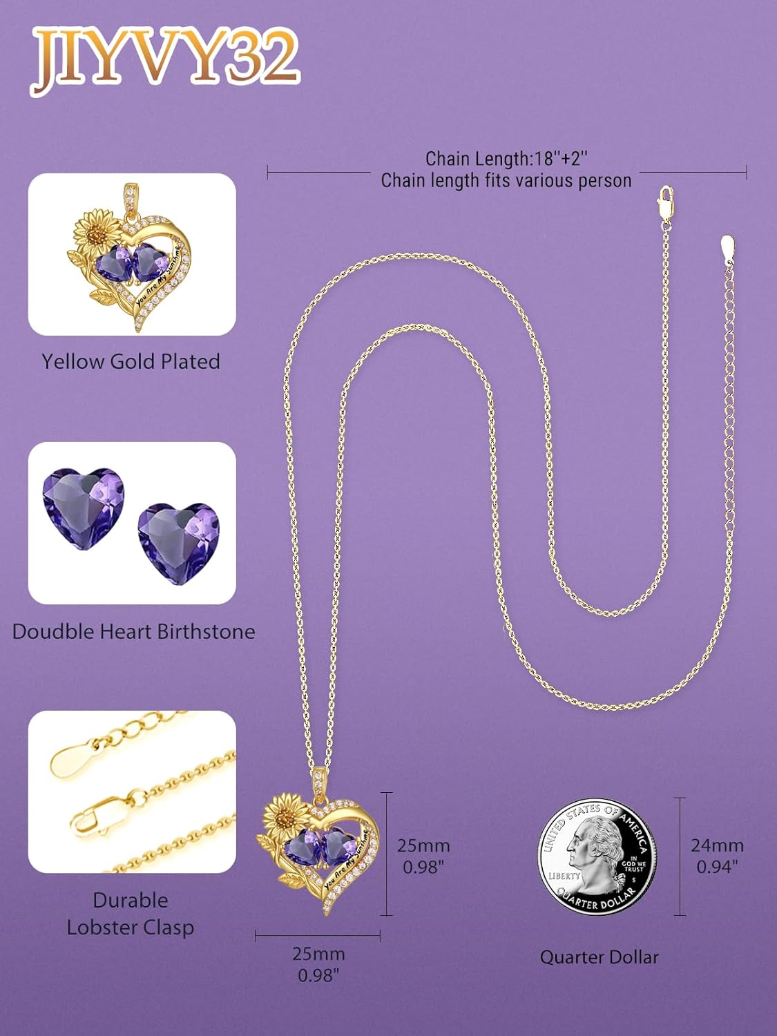 Sunflower Heart Necklace for Women 14K Gold Exquisite Valentines Day Anniversary Birthday Gifts for Wife Mother Her Double Birthstone Pendant Jewelry‘You Are My Sunshine’ - Image 2