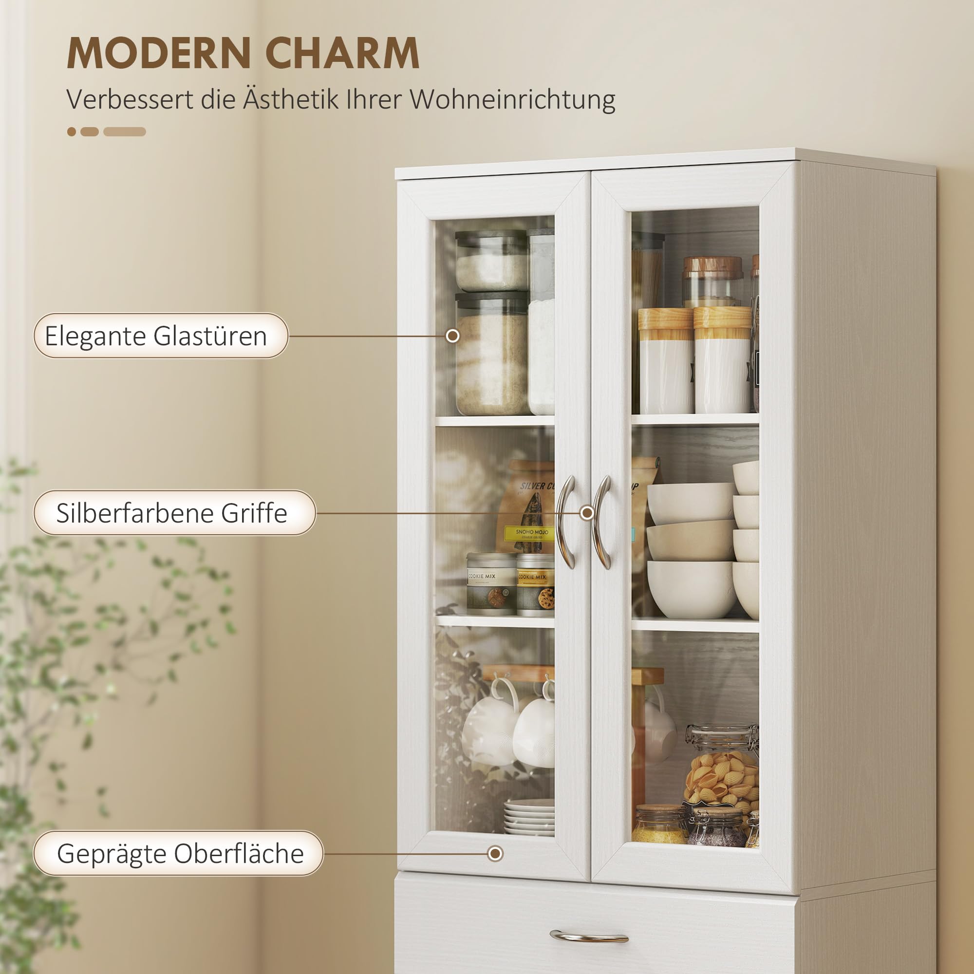 HOMCOM Küchenschrank mit Verstellbarem Regal 60 x 35 x 180 cm Weiß | Buffetschrank, Schublade, 2 Schrank, Hochschrank mit Glastür, Soft-Close-Funktion, für Küche Esszimmer Wohnzimmer