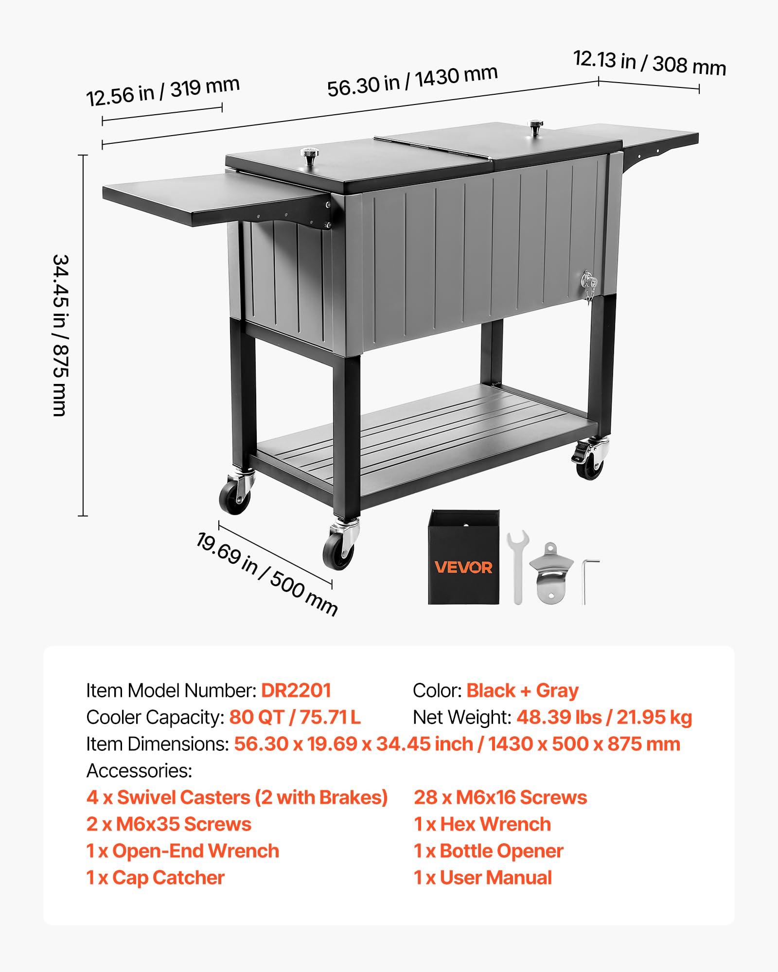 VEVOR Carrito Nevera con Ruedas 75,71 L, Carrito Refrigerador con Estantes Laterales e Inferior, Abridor de Botellas, Enfriador de Bebidas Portátil para Patios, Camping, Fiestas en Piscina, Exterior