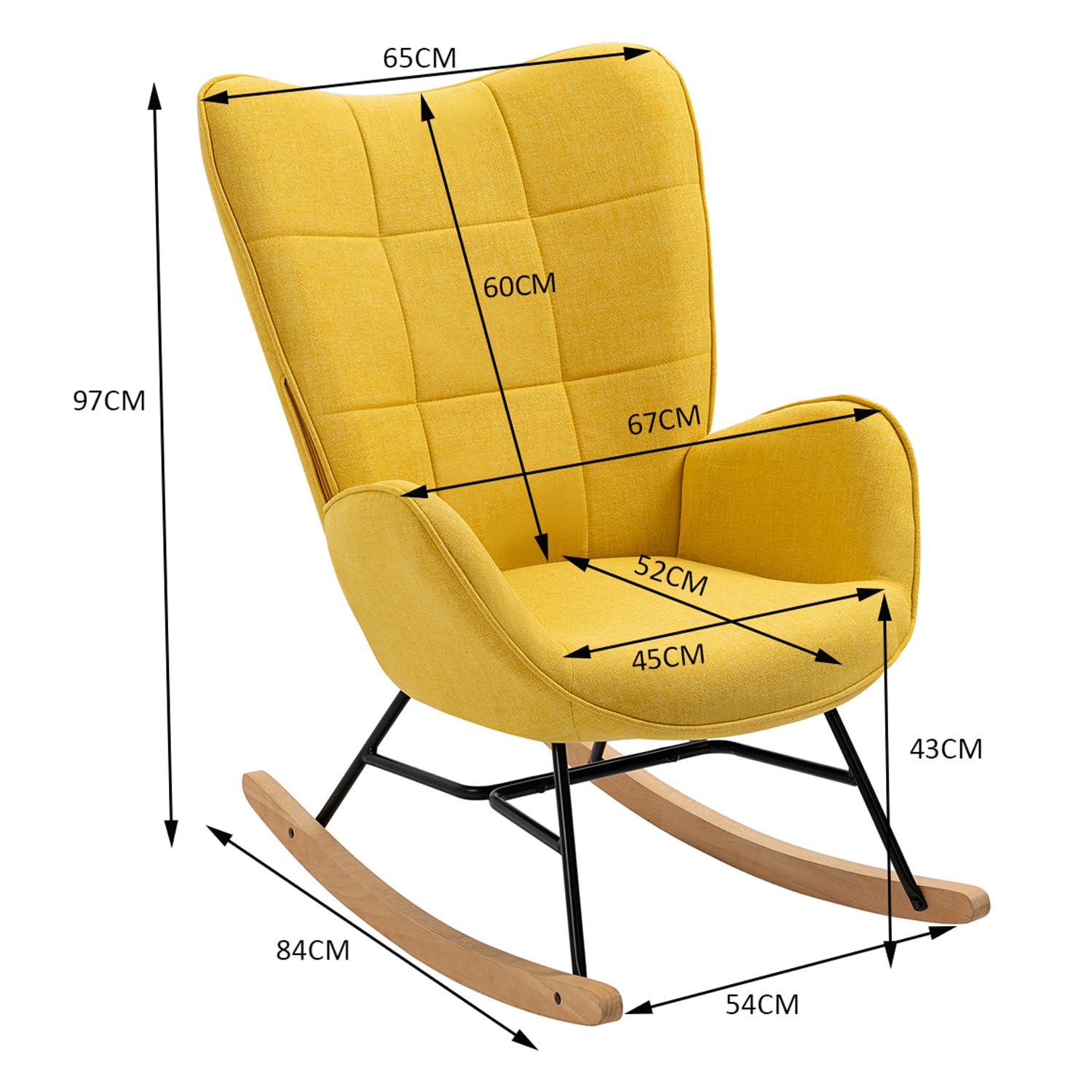 MEUBLE COSY Silla Mecedora Sillón de Relax Especial Lactancia Butaca Acolchada con reposabrazos, Respaldo Alto, de Tela con Patas de Madera Metal, para salón, Dormitorio, Amarillo