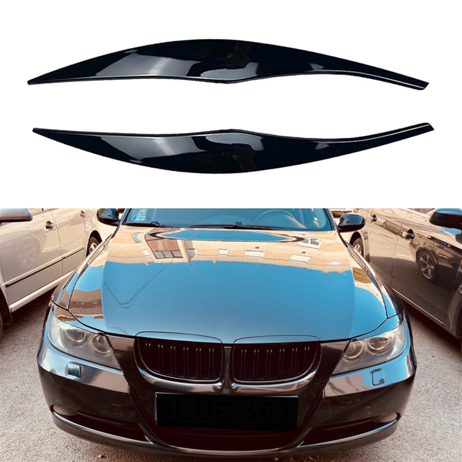 Kohlefaser-Autoscheinwerfer-Augenbrauen-Augenlid-Trim Augenbrauen Augenlider Deckel Compatible With 3er E90 E91 320i 330i Sedan Touring 2005–2012(Gloss Black)
