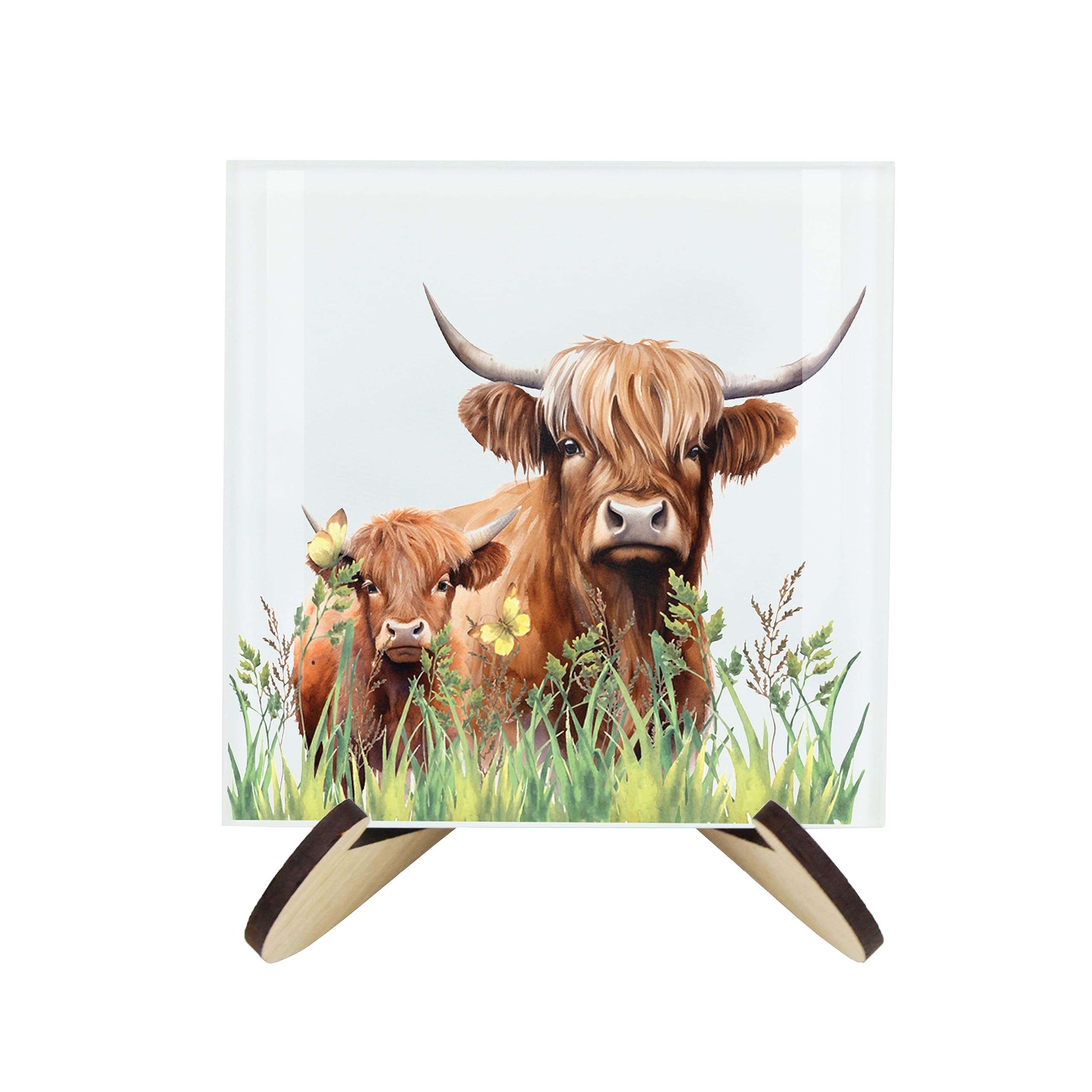 Purely Home Highland Cow Coaster Set - Square Glass Mum & Baby Calf Cow Animal Design - Set Of Four (4) Coasters & Wood-Effect Stand