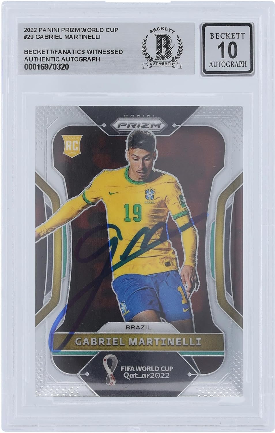 Gabriel Martinelli Brazil FC Autographed 2022 Panini Prizm World Cup #29 Beckett Fanatics Witnessed Authenticated 10 Rookie Card - Autographed Soccer Cards