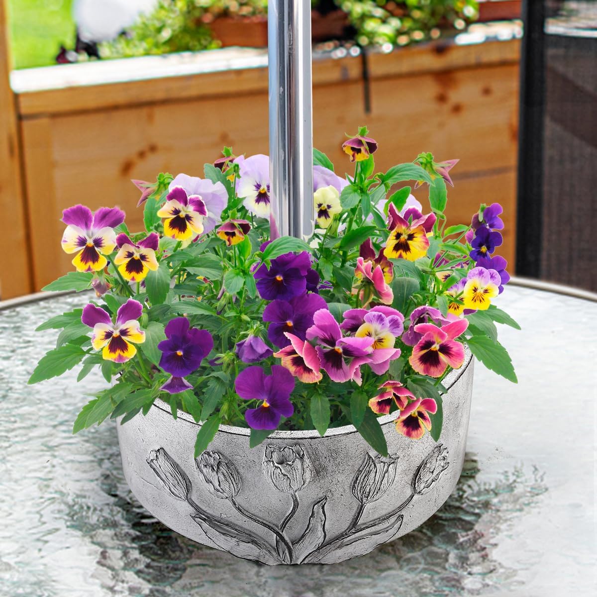 Patio Umbrella Planter 2 PCS Wrap Around Umbrella Planter Carving with Umbrella Hole Half Round Flower Pot Outdoors（11.41 * 11.41 * 4.72inch） for Terrace Tables(Grey)
