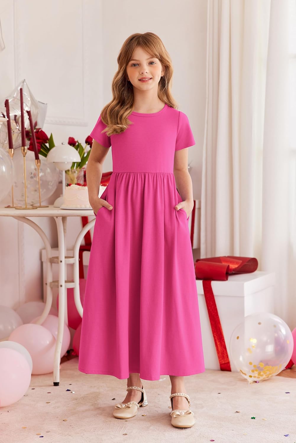 Arshiner Girls Maxi Dress Long/Short Sleeve Casual Holiday Dress with Pockets for 5-13 Years - Image 3