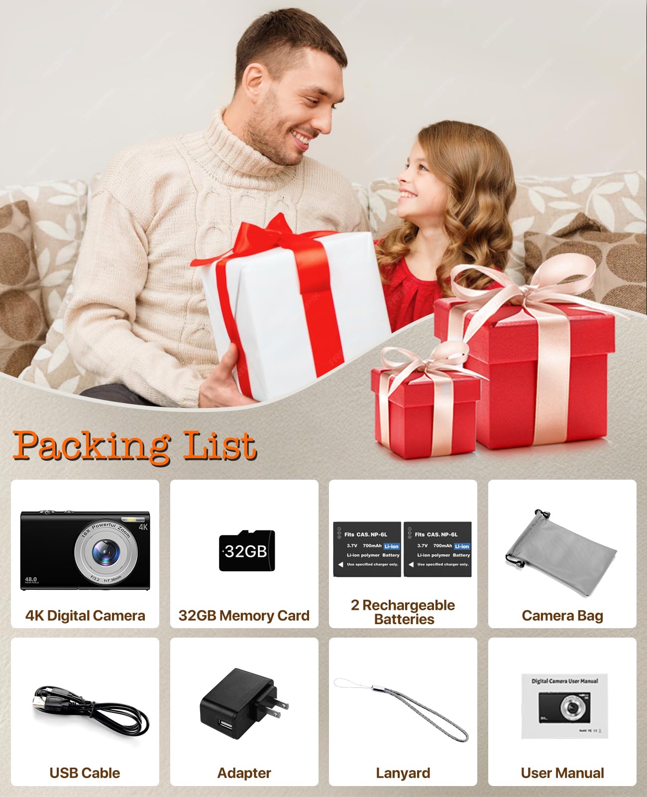 Cámara digital, cámara de vlogging 4K para cámaras de enfoque automático de YouTube para fotografía con zoom digital de 16X, cámara digital compacta de 48 MP para adolescentes y adultos con tarjeta SD