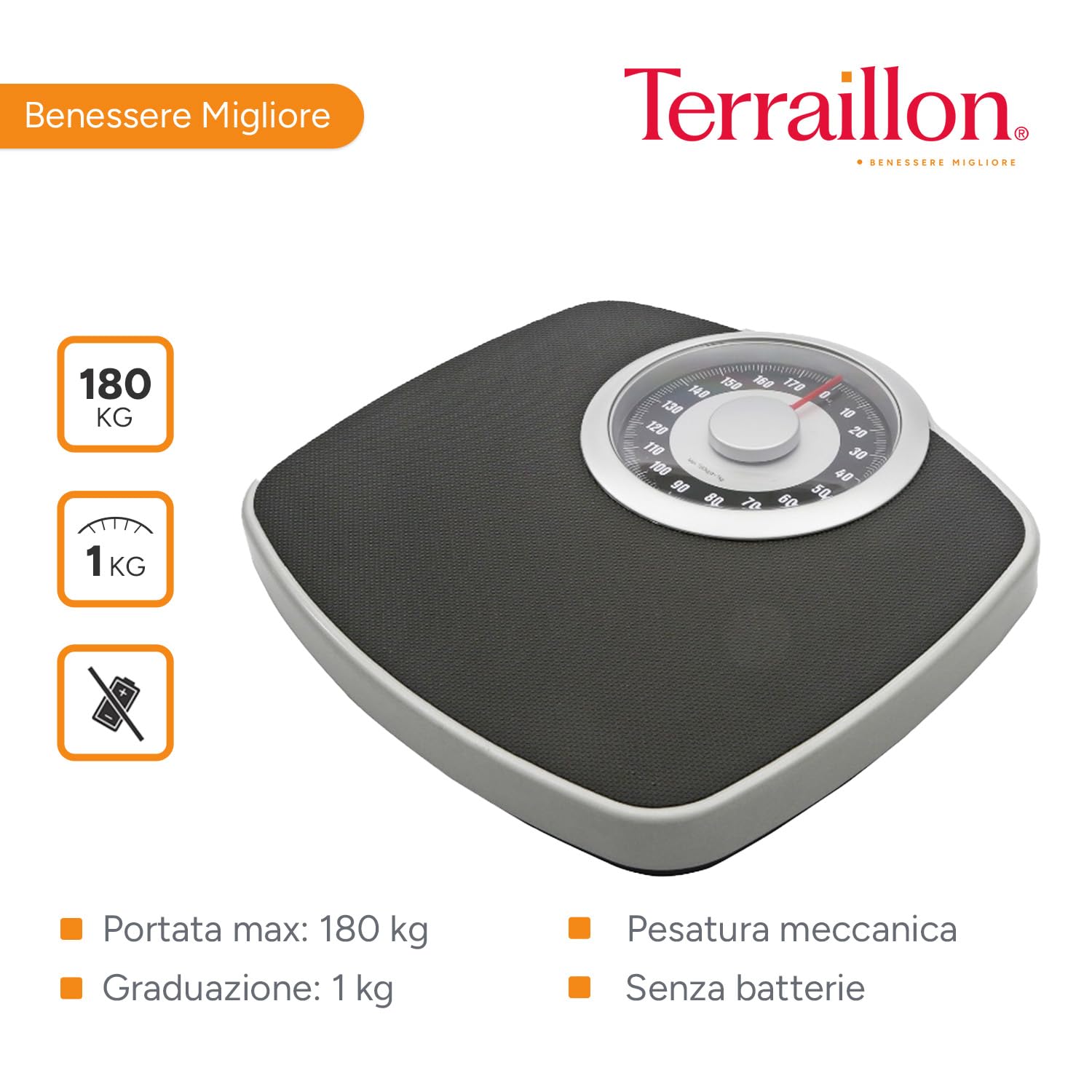 TERRAILLON - NEO T - Bilancia pesata meccanica con ampio vassoio in metallo con rivestimento antiscivolo, grande quadrante ad alta leggibilità, bilancia robusta, capacità 180 kg, gradazione 1 kg, nero
