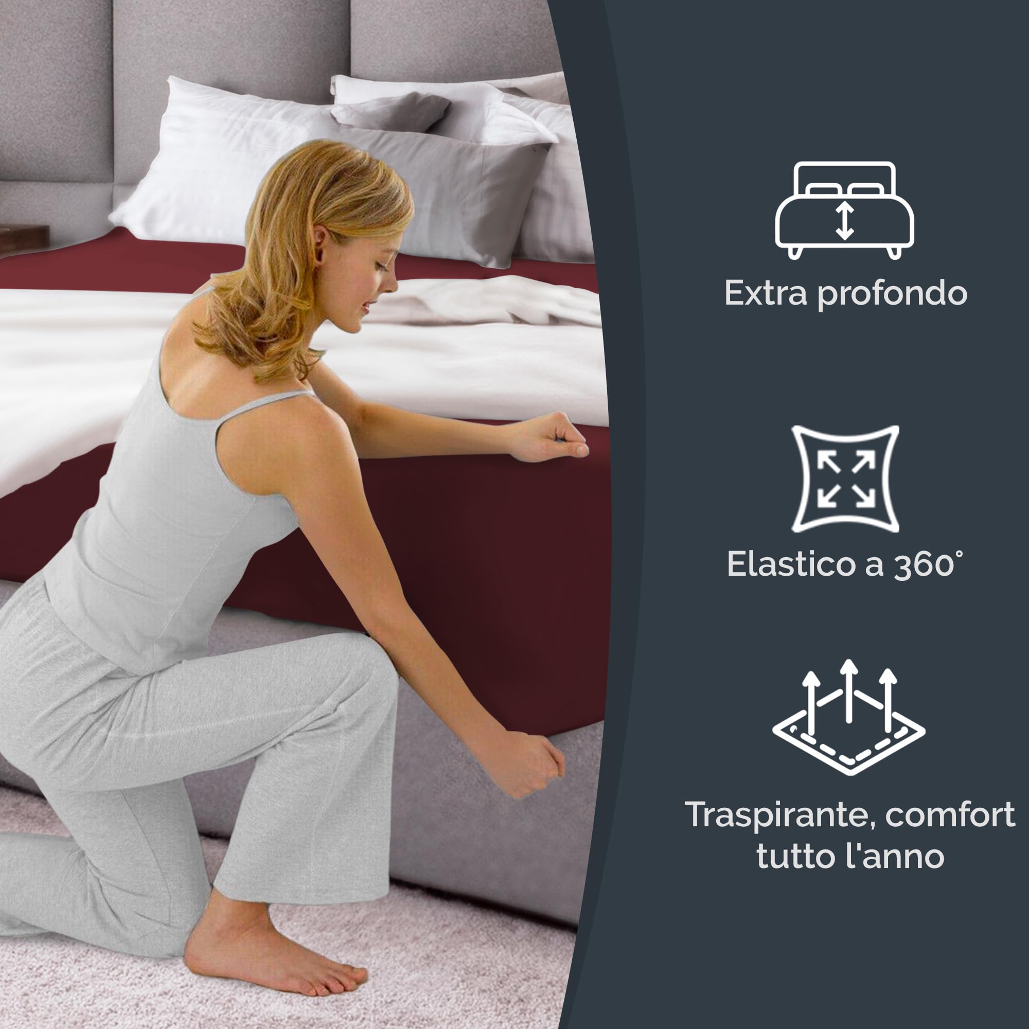 Lenzuolo con angoli 100x200 Borgogna 40 cm profondità - Lussuoso lenzuolo - Per letti a molle - Per materassi fino a 40 cm di altezza - Morbido, senza pieghe e traspirante - Confezione singola