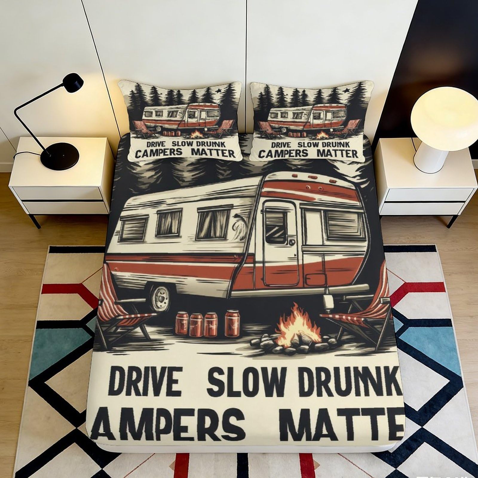 3D Printed Camper Van Fire Night Fitted Sheet Microfiber Soft Anti-Slip Bed Cover for Bedroom Guest Room Decor 120x200cm 200x200x25cm