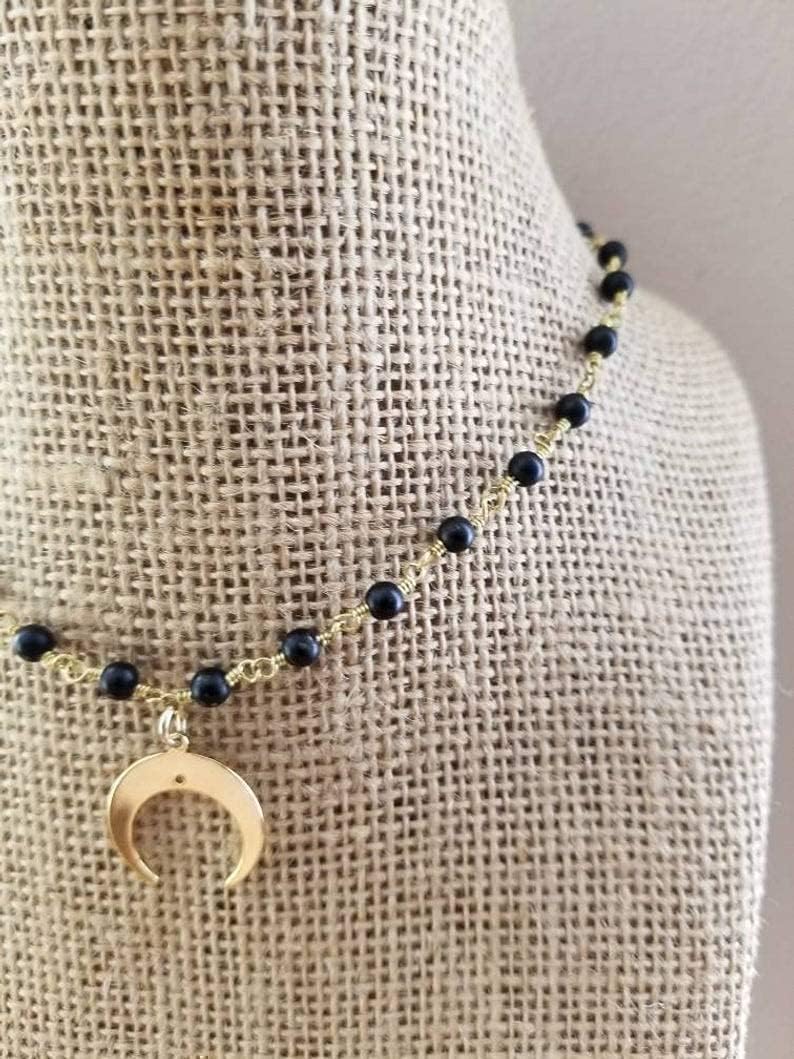 Gold Crescent Horn Necklace Choker Black Agate Stone Rosary Chain Gift For Her