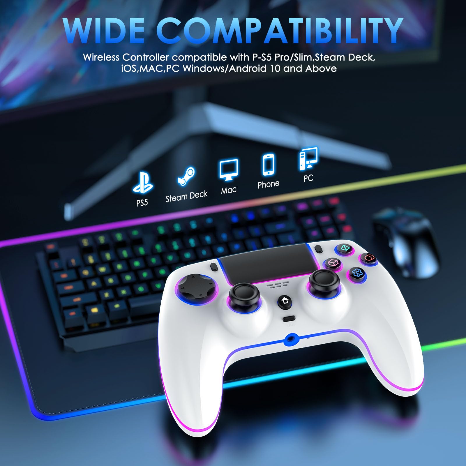 JORREP Manette sans fil pour PS5/Pro/Steam Deck/PC/MAC/iOS, manette de jeu avec éclairage RVB/double vibration/turbo/capteur de mouvement/programmable/connexion casque/batterie 1500 mAh (White)