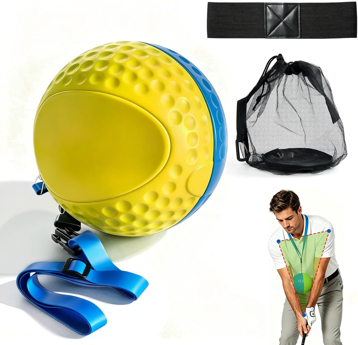 Golf Training Aid Ball and Armband, Golf Swing Trainer for Consistent Precise Swing, Fix Slicing, Scooping Chicken Wing, Golf Training Tool with Armband, Adjustable Lanyard, Storage Bag Golfer