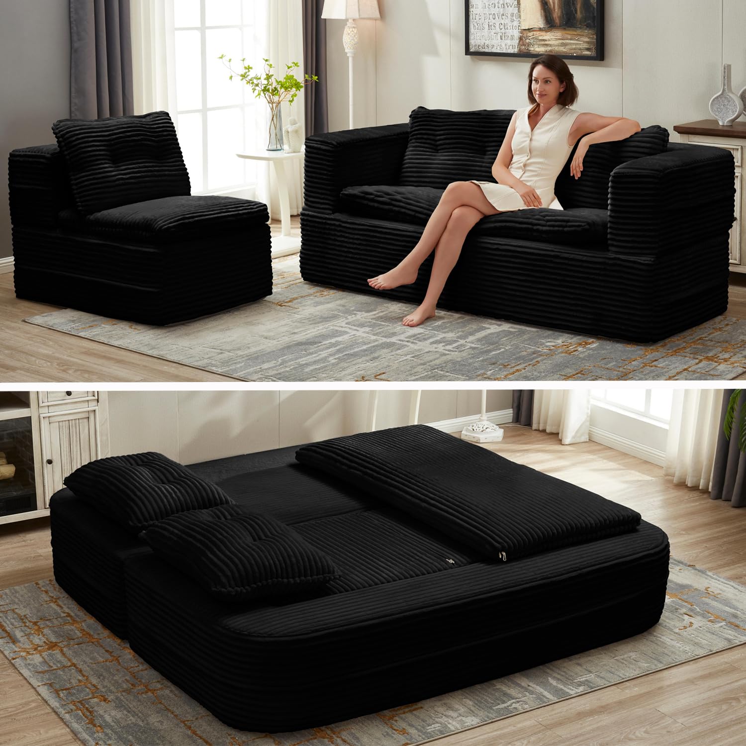 80" Cloud Sectional Boneless Couch with Chaise Lounge,Convertible Into King Size Sofa Bed,Corduroy Floor Apartment Couch,No Assembly Compressed Sofa