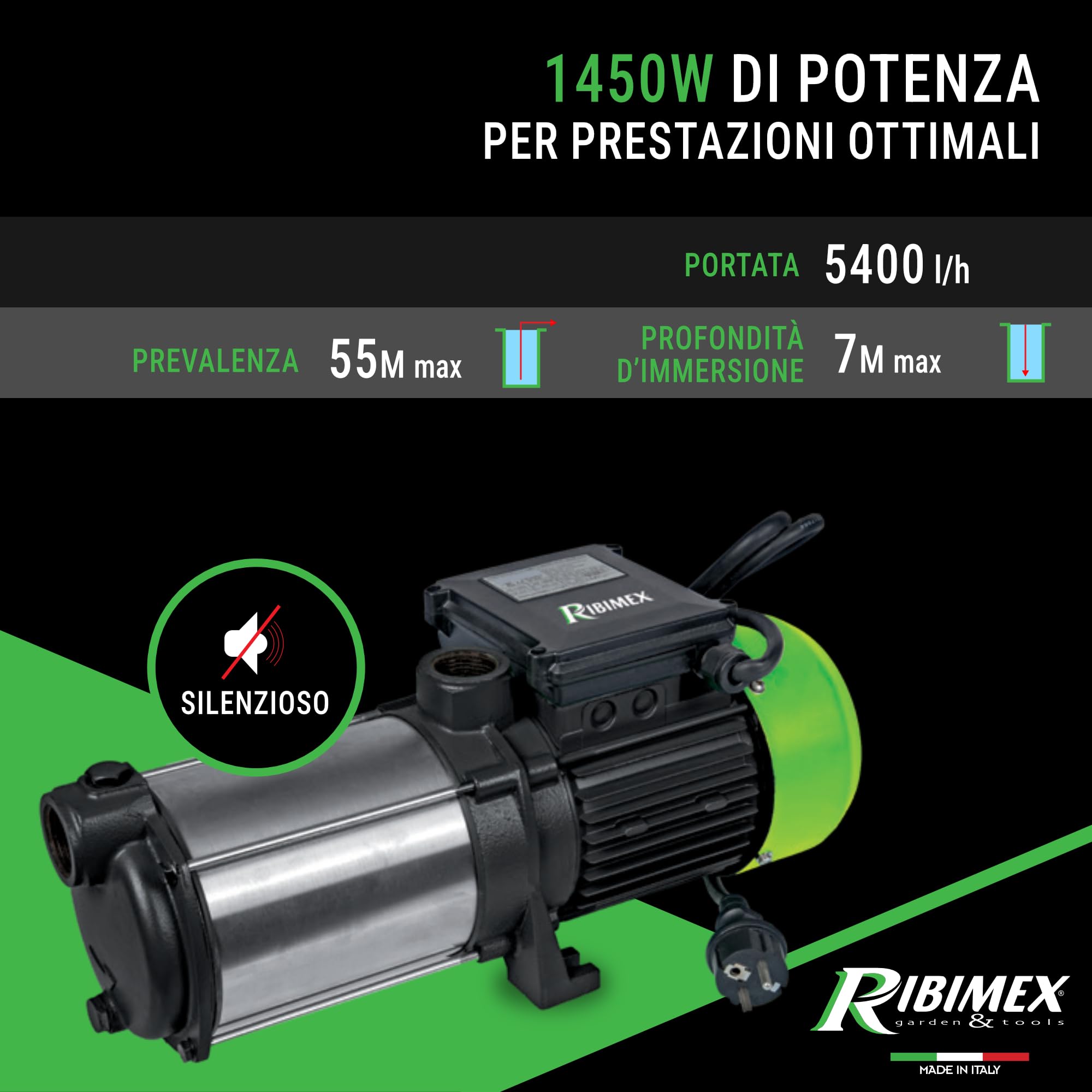 Ribimex Pompa di Superficie Autoadescante Multicellulare 5 Turbine, 1450 W, Portata 5400 L/h, Prevalenza 55 m, Aspirazione Fino a 7 m, Corpo in Inox, Ideale per Pressurizzazione e Irrigazione - PRMCA5