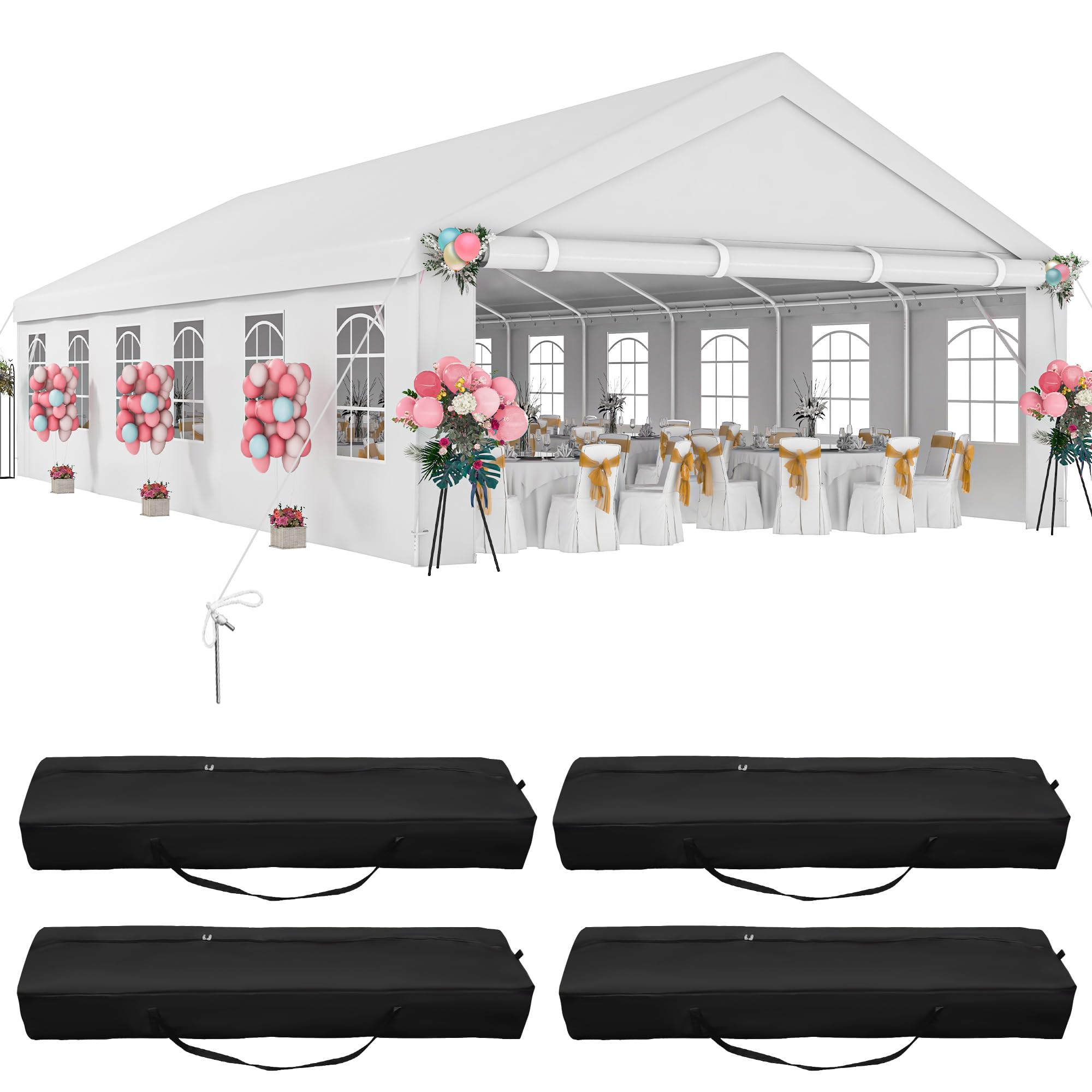 DWVO 20x40 ft Outdoor Heavy Duty Party Tent Wedding Event Shelters Upgraded Galvanized Canopy with Large White Roof, Removable Sidewalls & 4 Storage Bags