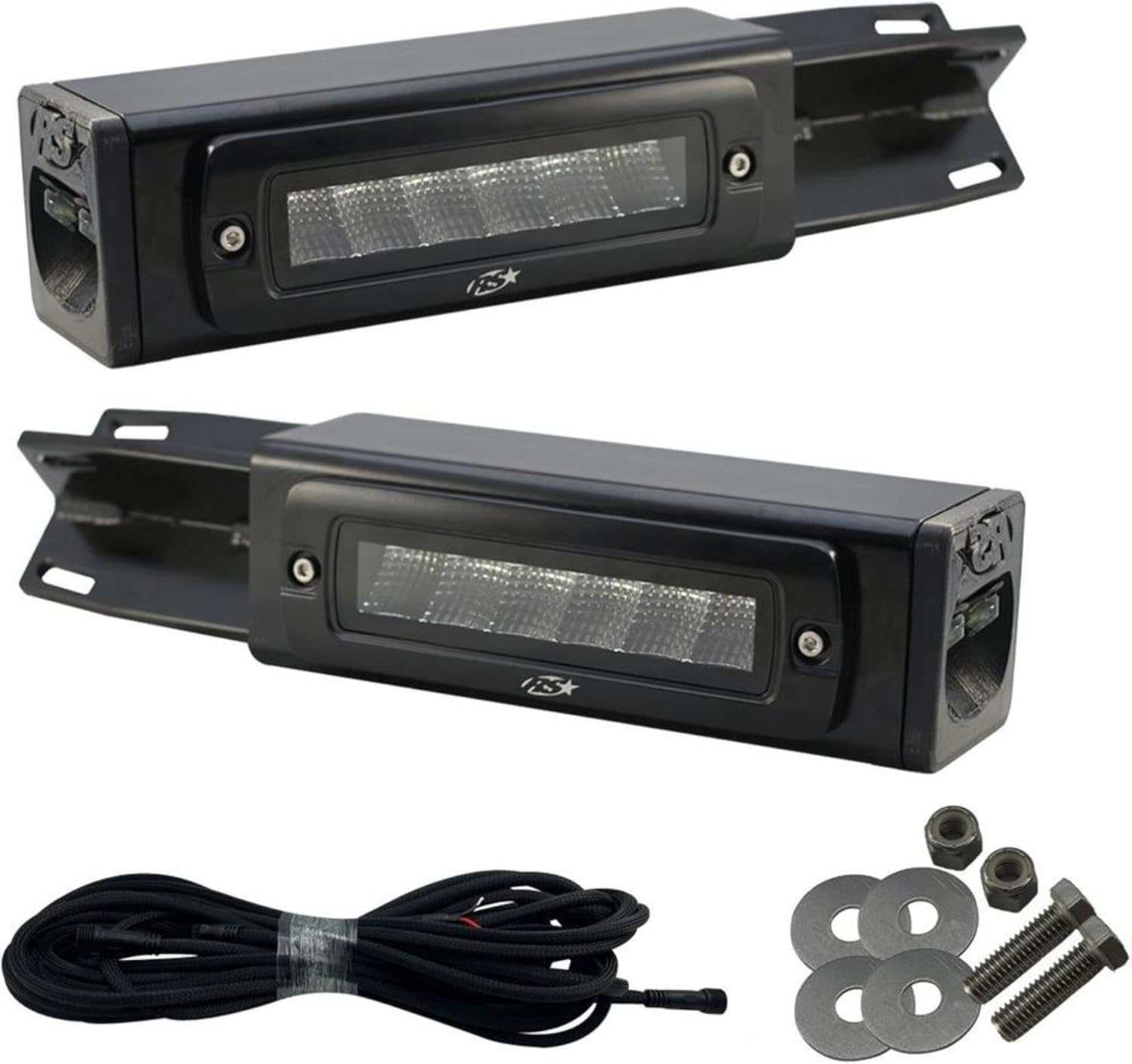 2017-Current Ford F250-F450 Super Duty Hitch Bar Reverse 7in LED Flood Lighting Heavy Duty Bolt-On Blacked Out Kit with Heated Lens and Single End Light Cap