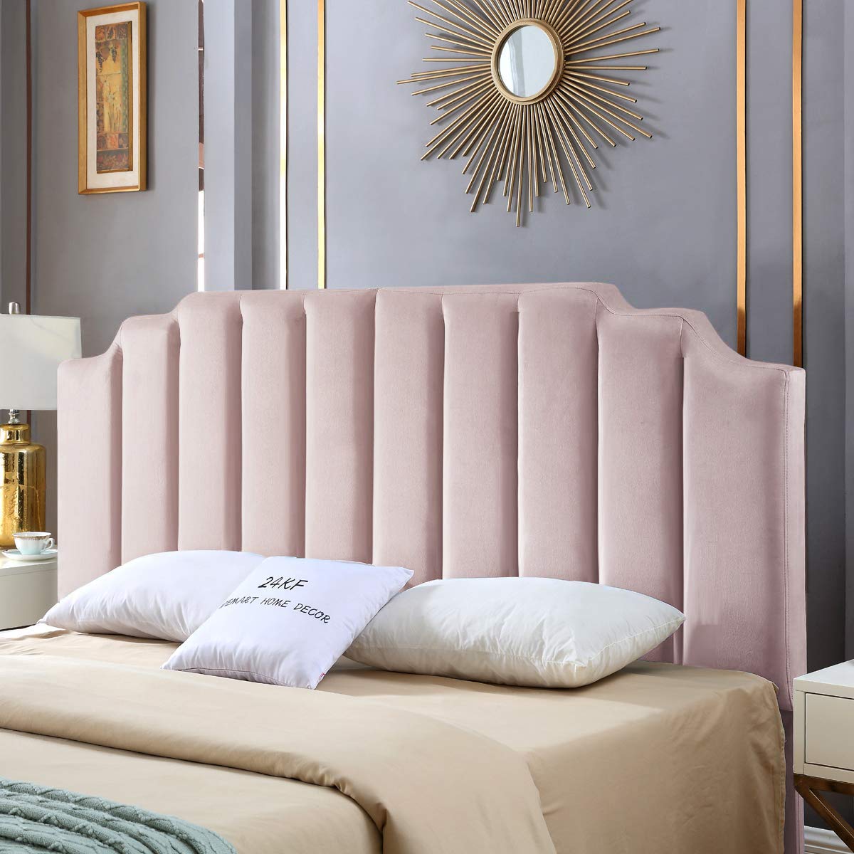 24KF Velvet Upholstered Tufted King Headboard with Vertical Channel Design King/California King Head