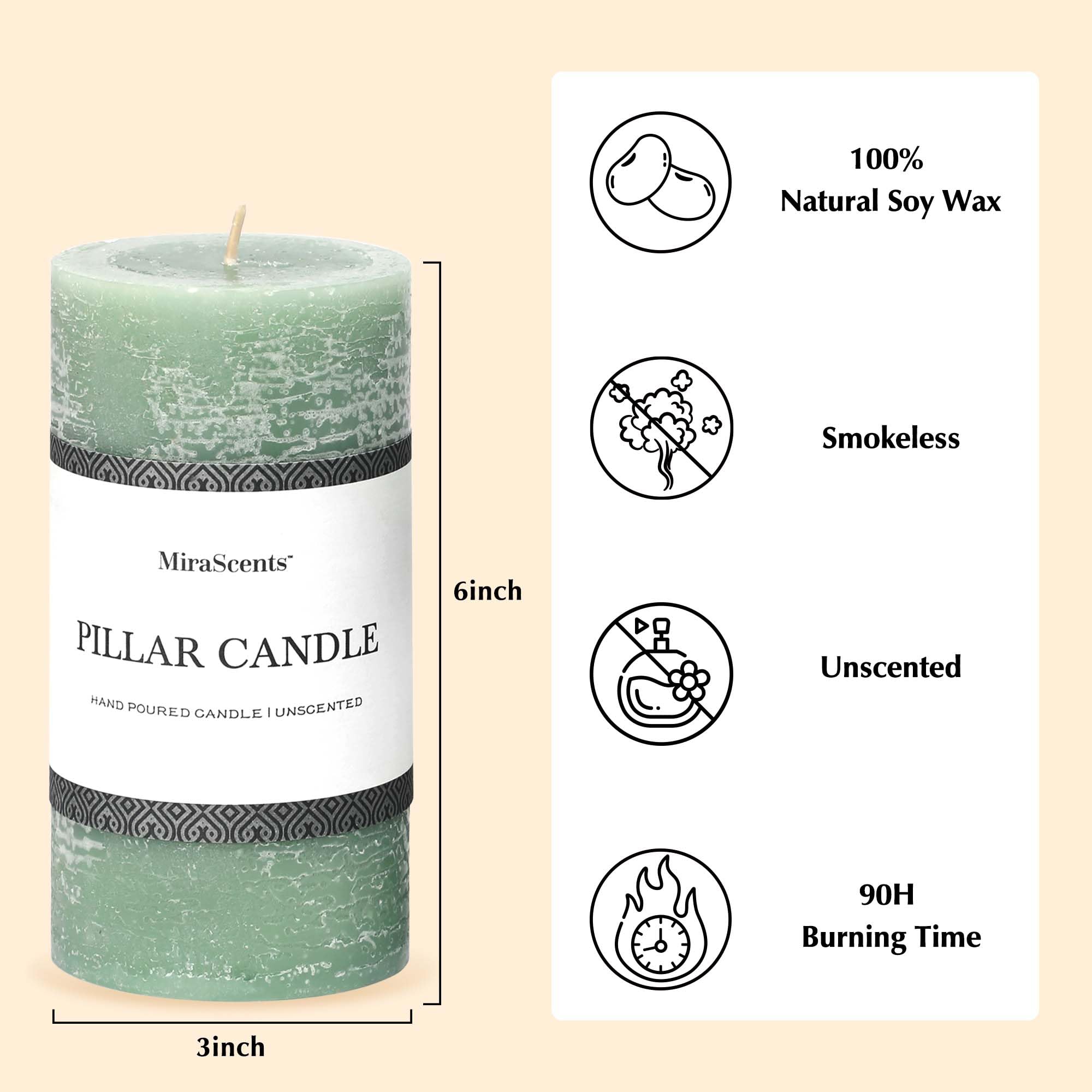 Juego de 3 velas de pilar verde salvia de 3 x 6 pulgadas, velas de primavera sin perfume, larga combustión limpia, vela grande grande sin humo para decoración del hogar de primavera, mesa de comedor