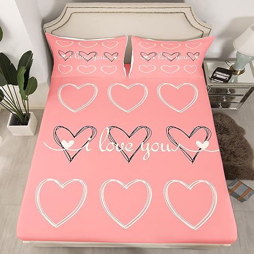 Miniatura 2 de Juego de sábanas con estampado de corazón rosa con texto en inglés "I Love You" para mujer, esposa, marido, flecha, decoración de dormitorio, juego
