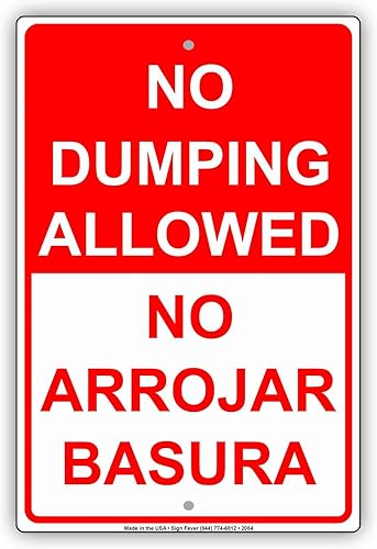 No se permite dumping No Arrojar Basura Inglés Español Restricción Bilingüe Aviso de advertencia de advertencia de aluminio de metal de aluminio