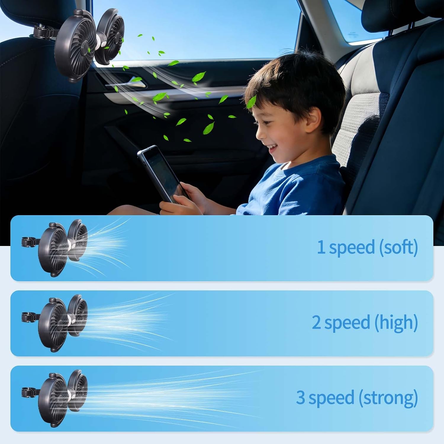 Car Fan for Backseat kids, Dual Head USB Car Seat Fans,Powerful 3 Speeds 360° Rotatable Dual Head Cooling Car Seat Fan for Sedan SUV RV Truck Vehicle