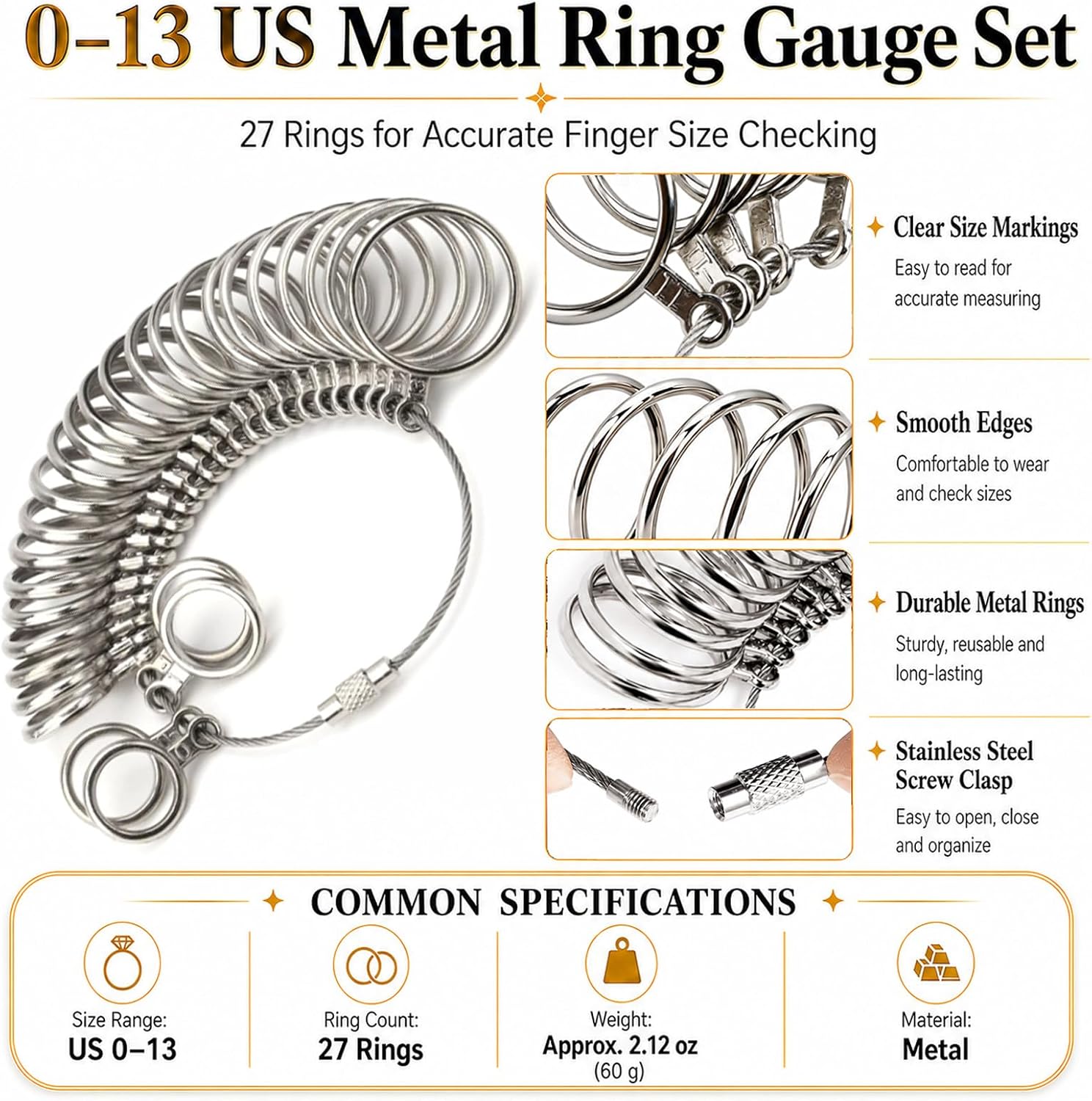 Hexinfu 7 Pcs Ring Sizer Measuring Tool Set, US 0-13 Metal Ring Gauge Set with Ring Mandrel, 4 Ring Sizer Belts and Bracelet Circumference Measuring Ruler for Jewelry Sizing