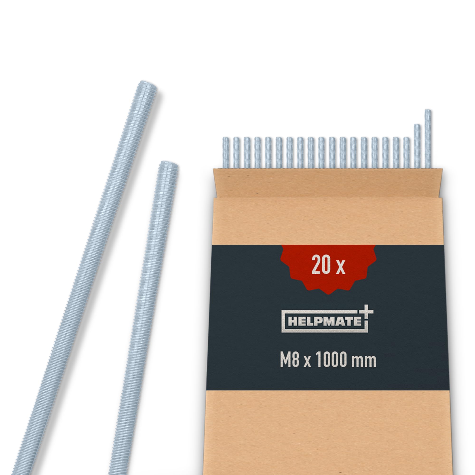 HELPMATE – Tige filetée M8 x 1000 mm en acier galvanisé – Lot de 20 tiges filetées avec filetage métrique complet – Tige filetée avec classe de résistance 4.8, DIN 976