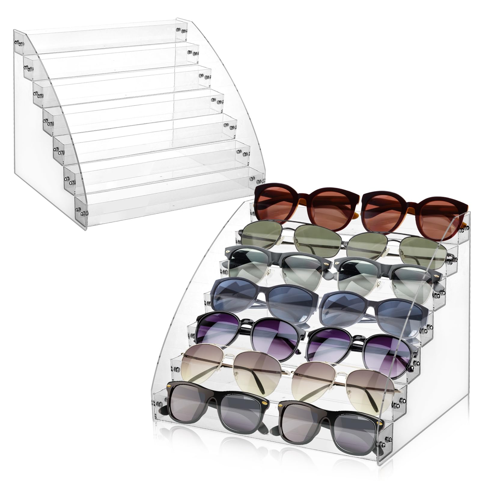 2 Pack 7 Tier Sunglass Organizer Stand, Versatile Acrylic Sunglass Holder Display Stand Sunglass Storage Tray for Highlighting Gla