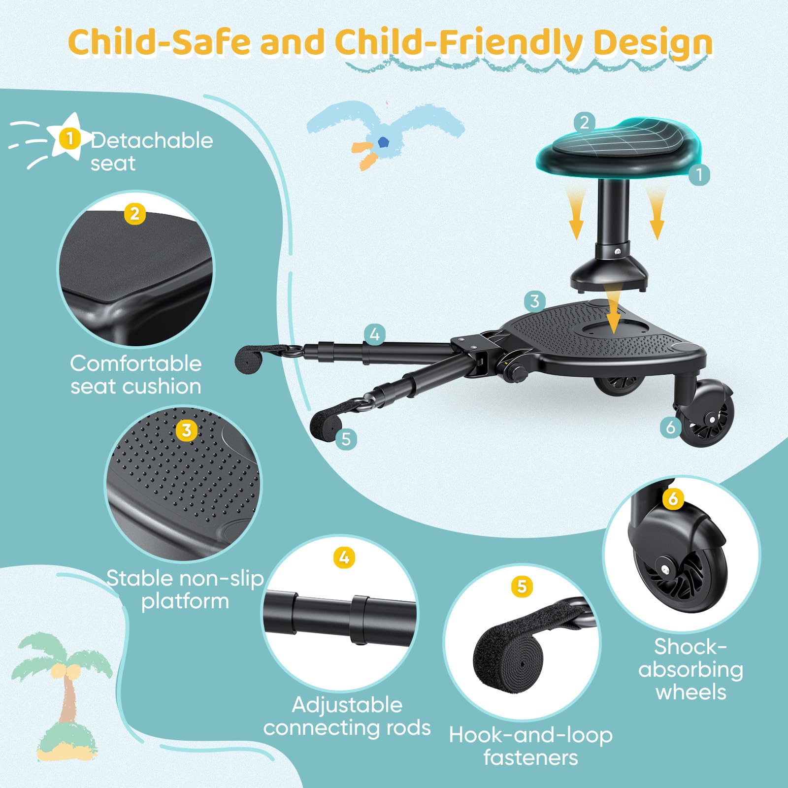 Monopatín universal con asiento grande, tablas con ruedas compatible con el 99% de cochecitos, monopatín universal, 2 en 1 caminata, cochecito para niños de 2 a 6 años (25 kg)