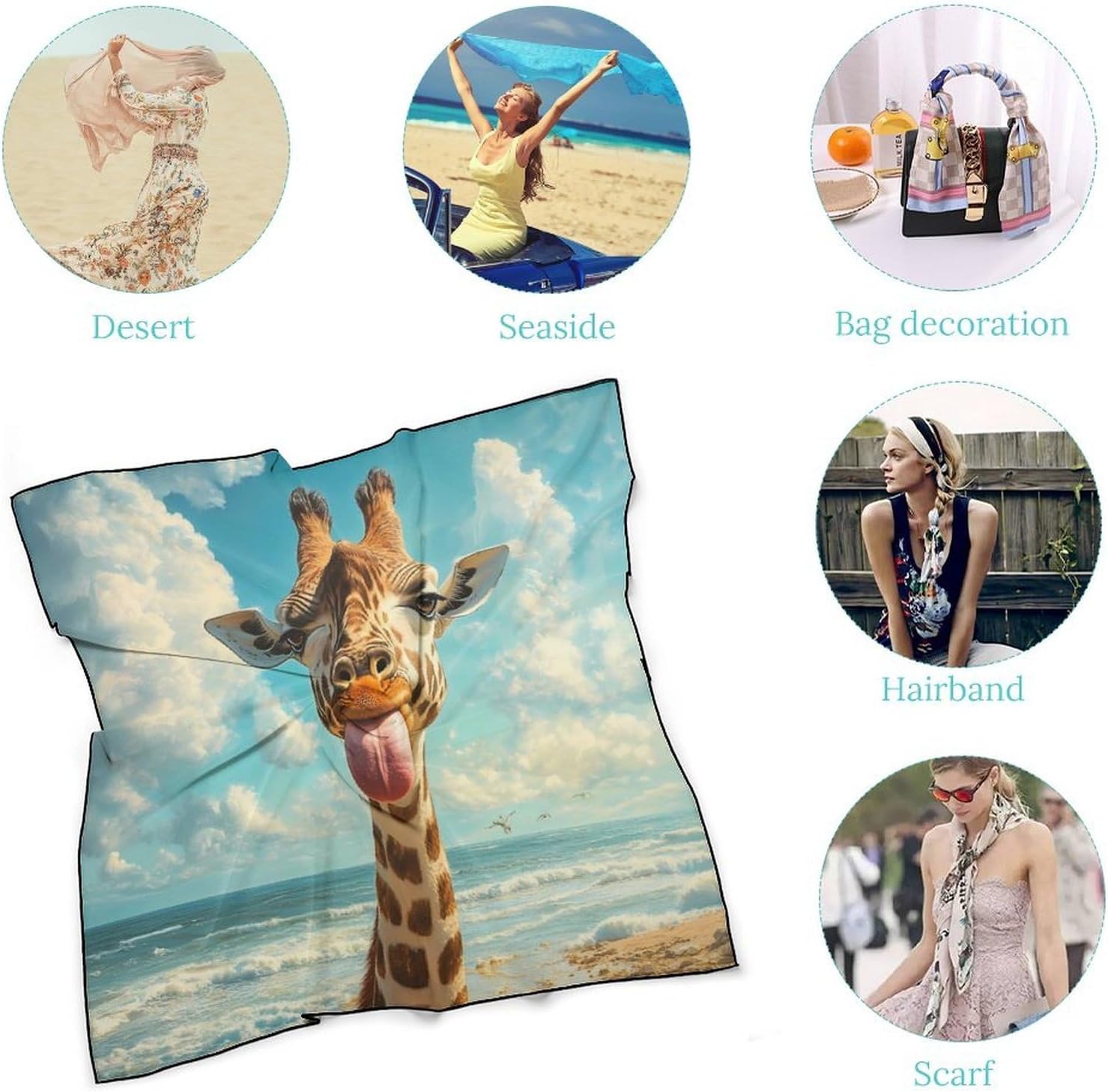 Funny Giraffe Silk-Like Square Scarf for Women Vintage Printed Neck Scarf Bandanas Hair Scarves