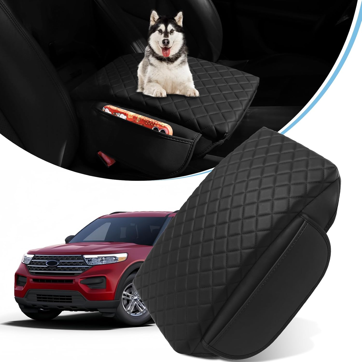 Center Console Cover for Ford Explorer 2020-2026 Leather Armrest Cover Middle Console Cover with 2 Side Pockets Arm Rest Pad Cushion for Explorer Accessories (2020-2026)