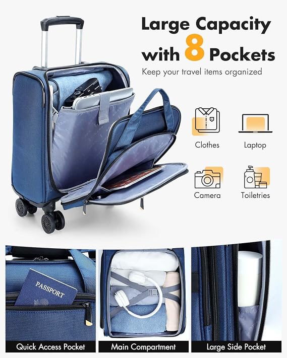 Cabin Suitcase for EasyJet Cabin Bag 45x36x20cm, 30L Underseat Carry On Luggage with Detachable Spinner Wheels,Lightweight Softside Travel Bag for Men & Women, Blue
