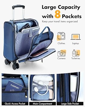 Cabin Suitcase for EasyJet Cabin Bag 45x36x20cm, 30L Underseat Carry On Luggage with Detachable Spinner Wheels,Lightweight Softside Travel Bag for Men & Women, Blue