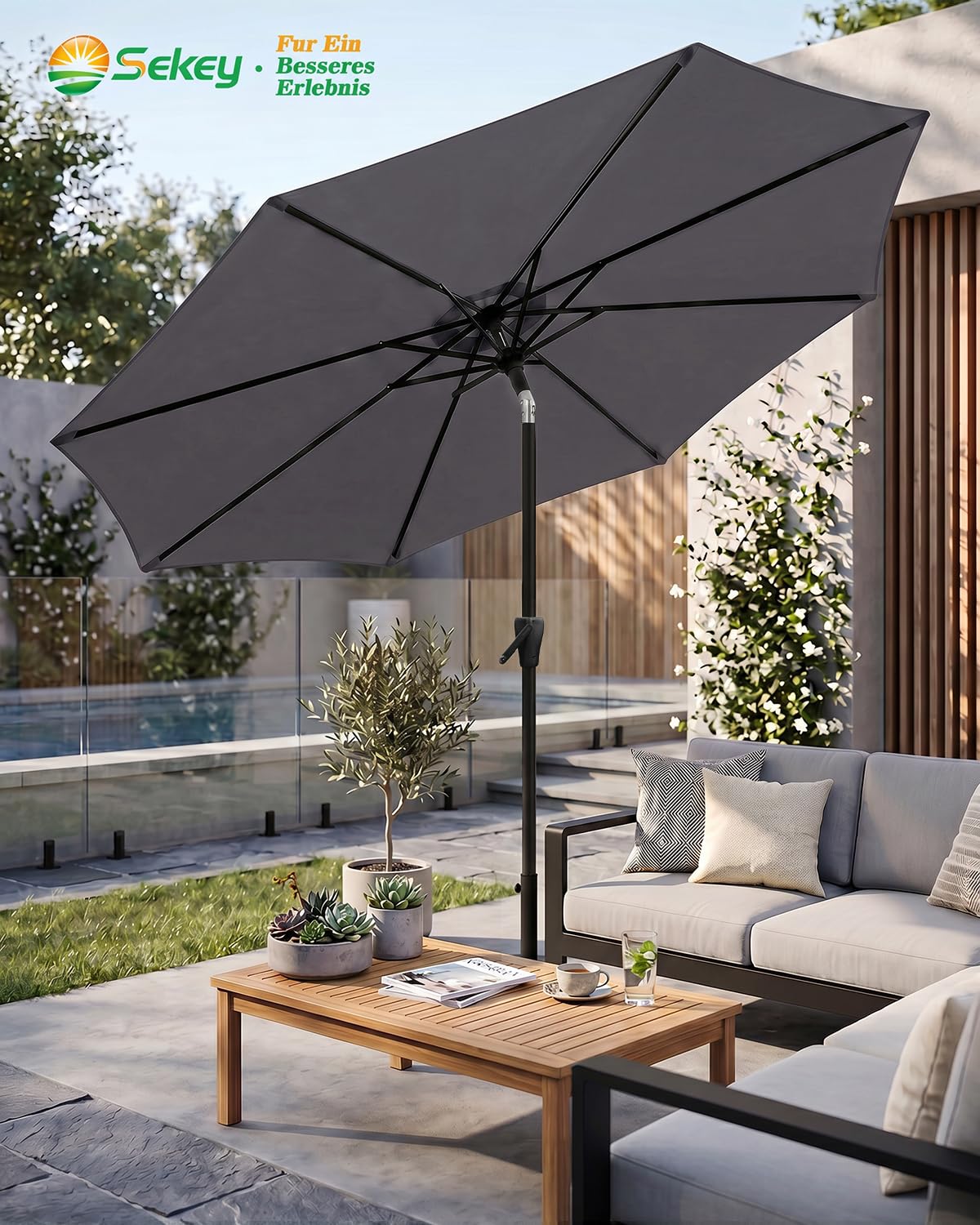 Sekey Alu-Sonnenschirm 300 cm mit Kurbel, Stoffgewicht 180 g/m², UV-Schutz 50+, unterer Mast 38 mm für Stabilität, leicht & langlebig, kippbar für Balkon, Garten & Terrasse