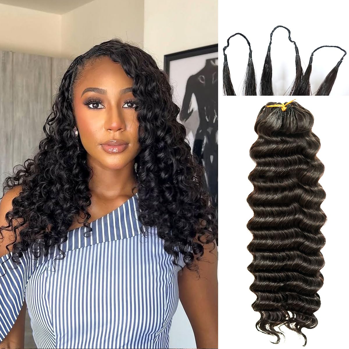 Pre Separated Deep Wave Human Crochet Hair Reusable Crochet Curly Human Hair with Knotless Strings Tangle Free Invisible Miracle Knots Feather Crochet Human Hair Extensions For Braiding 60g 20inch