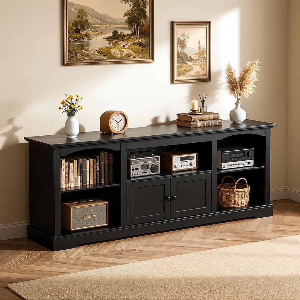 LUCKLIFE 71" TV Stand for TVs up to 80 Inch,Modern Farmhouse Entertainment Center with Arched Cabinet Doors & Open Adjustable Storage Shelves,Media Console Table for Living Room (Black, 71 inch)